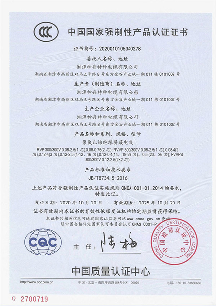 Çin Xiangtan Shenzhou Special Cable Co., Ltd Sertifikalar